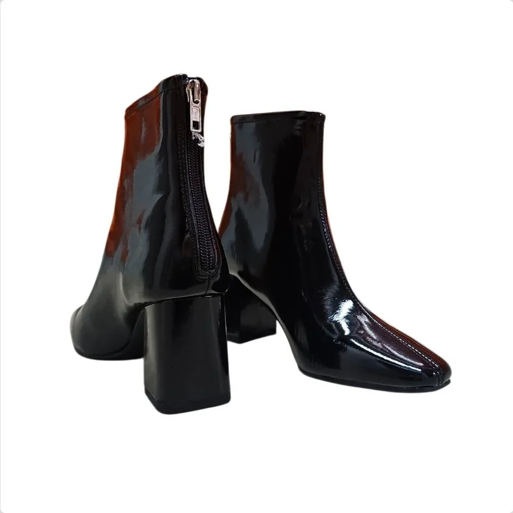Black Patent Leather Chunky Heel Ankle Boots With Side Zipper Closure